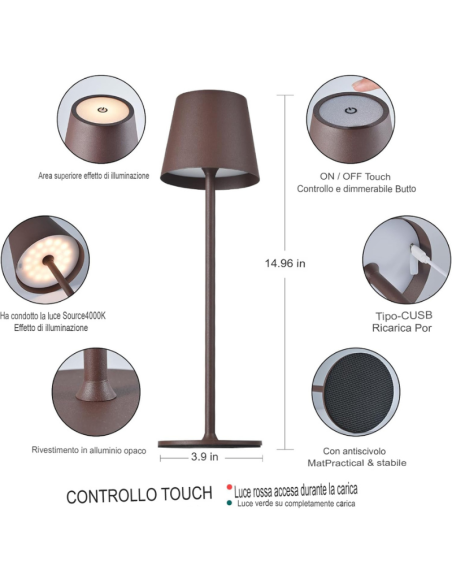 4x Lampade da Tavolo Touch dimmerabile LED USB Marrone