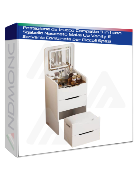Postazione da trucco Compatto 3 in 1 con Sgabello Nascosto Make Up Vanity E Scrivania Combinata per Piccoli Spazi