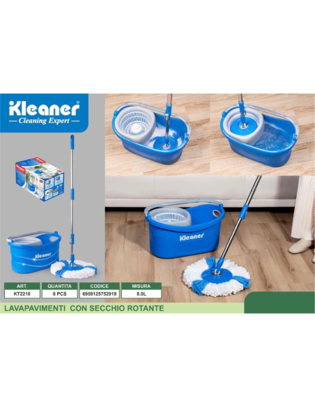 KLEANER SPIN Lavapavimenti Rotante Spin Mop Doppia rotazione centrifuga, Modalità mani Libere