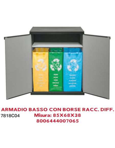 Armadietto per Raccolta differenziata in resina di PVC e PP, 2 Ante, 1 Ripiano, Facile da Montare