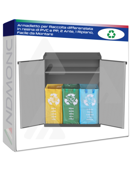 Armadietto per Raccolta differenziata in resina di PVC e PP, 2 Ante, 1 Ripiano, Facile da Montare