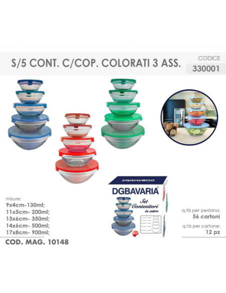 Set da 5 Contenitori in Vetro con coperchio, vari Colori