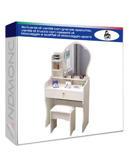 Scrivania di vanità con grande specchio, vanità di trucco con cassetti di bloccaggio e scaffali di stoccaggio aperti Bianco