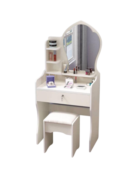 Scrivania di vanità con grande specchio, vanità di trucco con cassetti di bloccaggio e scaffali di stoccaggio aperti Bianco