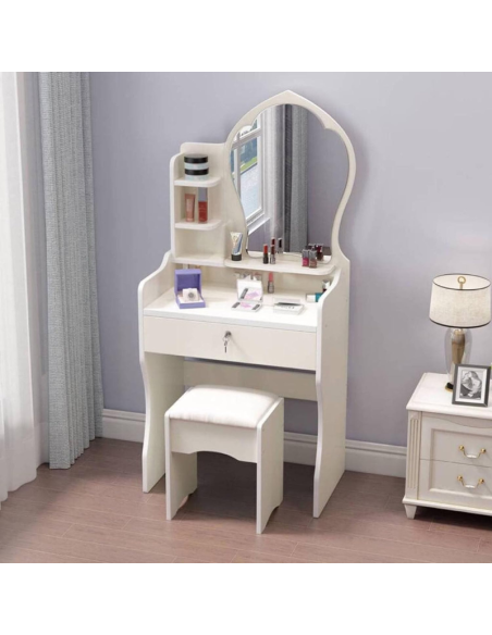 Scrivania di vanità con grande specchio, vanità di trucco con cassetti di bloccaggio e scaffali di stoccaggio aperti Bianco