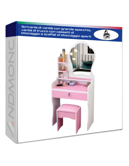 Scrivania di vanità con grande specchio, vanità di trucco con cassetti di bloccaggio e scaffali di stoccaggio aperti Rosa
