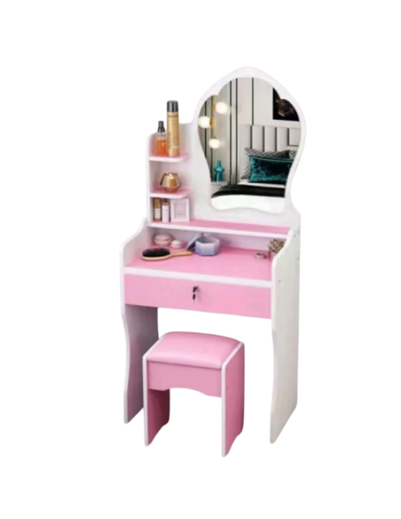 Scrivania di vanità con grande specchio, vanità di trucco con cassetti di bloccaggio e scaffali di stoccaggio aperti Rosa