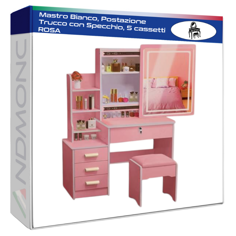 Mastro Bianco, Postazione Trucco con Specchio, 5 cassetti ROSA