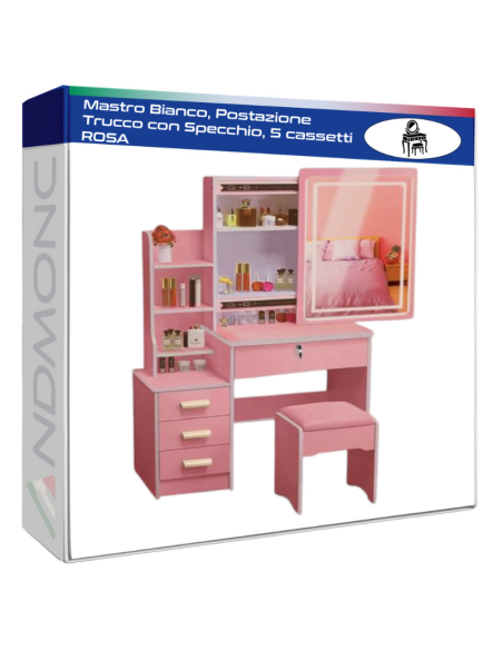 Mastro Bianco, Postazione Trucco con Specchio, 5 cassetti ROSA