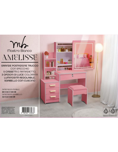 Mastro Bianco, Postazione Trucco con Specchio, 5 cassetti ROSA