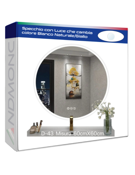 Specchio da Parete con luce LED bianco/giallo 60x60cm Touch