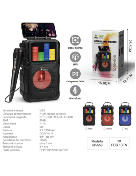 Mulin KP-558 Altoparlante Bluetooth Karaoke Portatile con Microfono Incorporato - 5W, Batteria 1200mAh