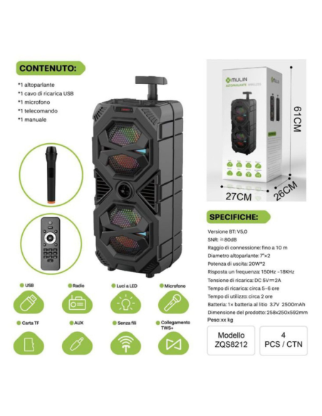 Altoparlante ZQS-8212 (8"x2/40W/FM) Karaoke