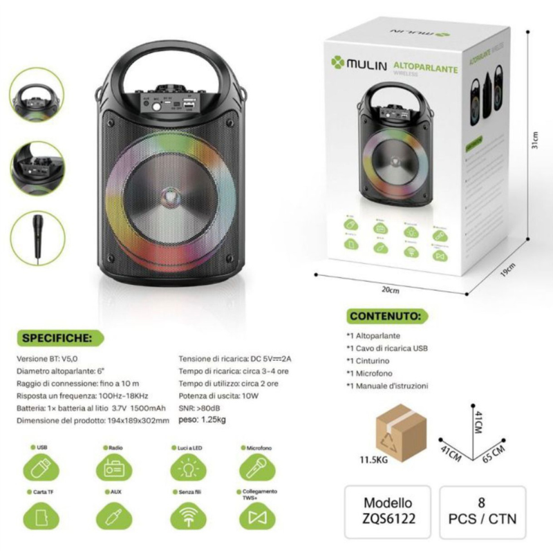 ZQS-6122 Altoparlante portatile multifunzionale...