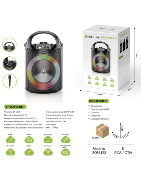 ZQS-6122 Altoparlante portatile multifunzionale con Bluetooth ad alta potenza con luci RGB karaoke wireless