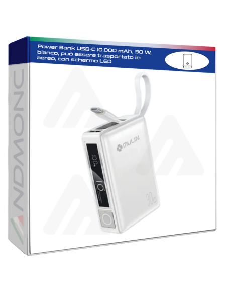 Power Bank USB-C 10.000 mAh, 30 W, bianco, può essere trasportato in aereo, con schermo LED