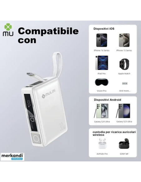 Power Bank USB-C 10.000 mAh, 30 W, bianco, può essere trasportato in aereo, con schermo LED