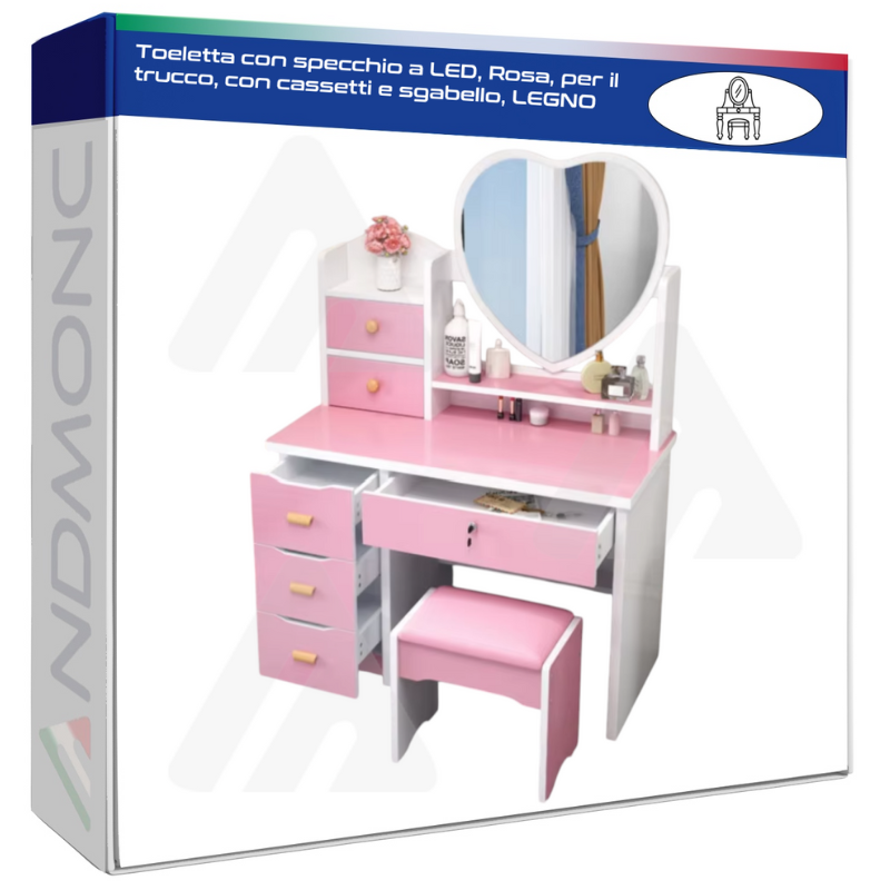 Toeletta con specchio a LED, Rosa, per il trucco, con cassetti e sgabello, LEGNO