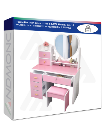 Toeletta con specchio a LED, Rosa, per il trucco, con cassetti e sgabello, LEGNO