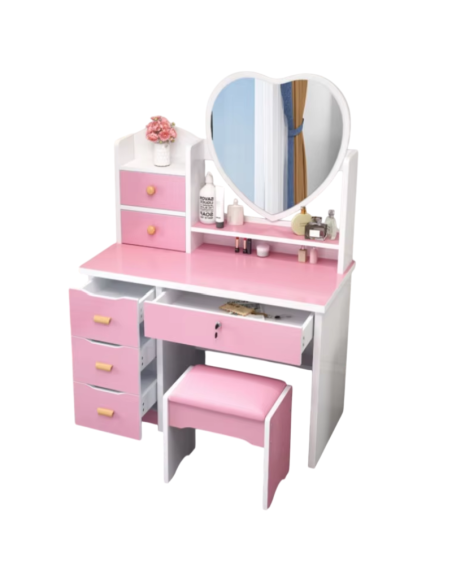 Toeletta con specchio a LED, Rosa, per il trucco, con cassetti e sgabello, LEGNO