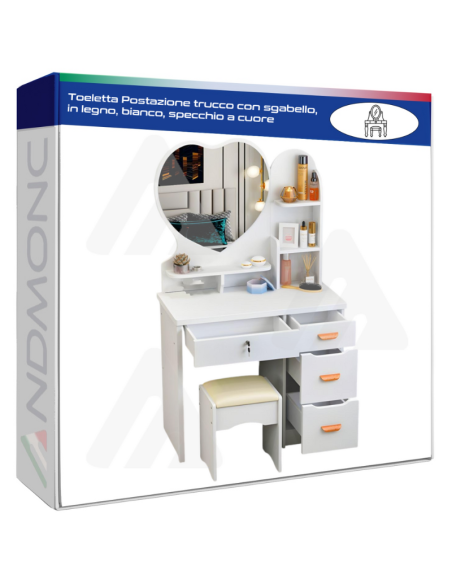 Toeletta Postazione trucco con sgabello, in legno, bianco, specchio a cuore