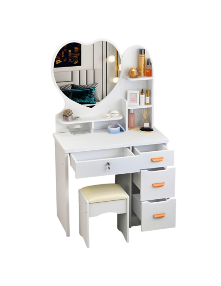 Toeletta Postazione trucco con sgabello, in legno, bianco, specchio a cuore