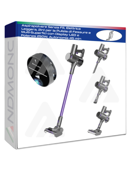 Aspirapolvere Senza Fili, Elettrica Leggera, 2in1 per la Pulizia di Fessure e Multi-Superfici con Display LED 250W