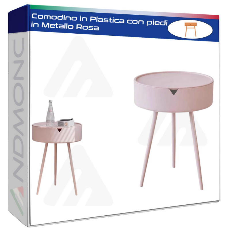 Comodino in Plastica Rosa, con piedi in Metallo 55x40x40cm