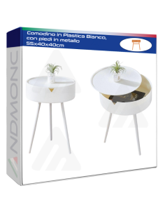 Comodino in Plastica Bianco, con piedi in metallo 55x40x40cm