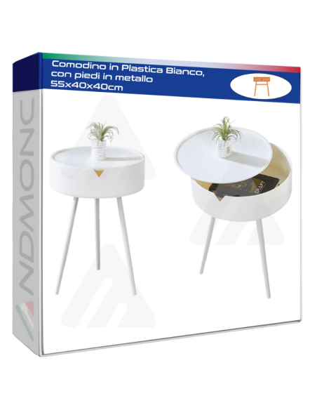 Comodino in Plastica Bianco, con piedi in metallo 55x40x40cm