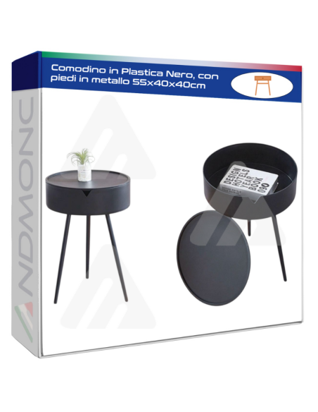 Comodino in Plastica Nero, con piedi in metallo 55x40x40cm