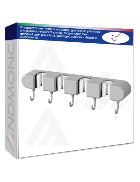 Supporto per mocio e scope, gancio in plastica a 4 posizioni con 5 ganci