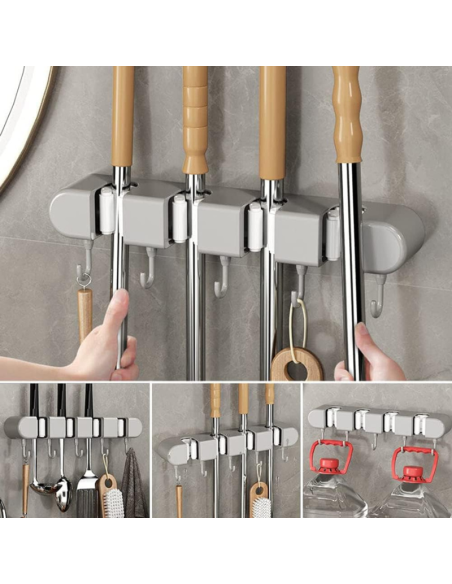 Supporto per mocio e scope, gancio in plastica a 4 posizioni con 5 ganci