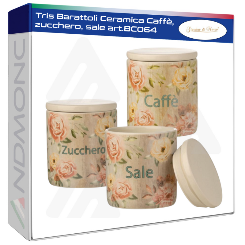 Tris Barattoli Ceramica Caffè, zucchero, sale art.BC064