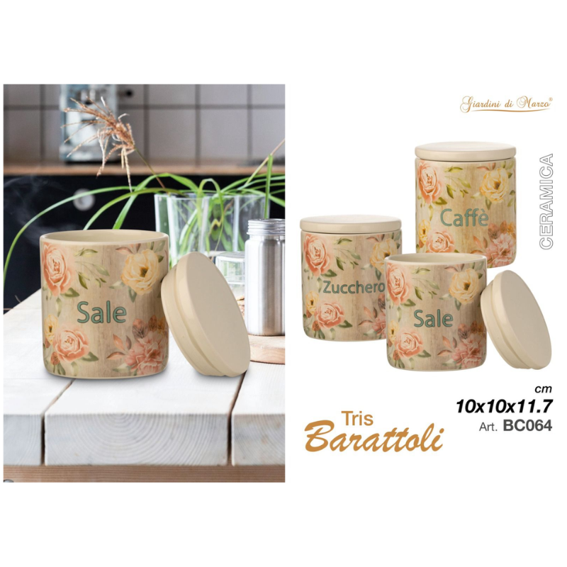 Tris Barattoli Ceramica Caffè, zucchero, sale...