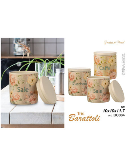 Tris Barattoli Ceramica Caffè, zucchero, sale art.BC064