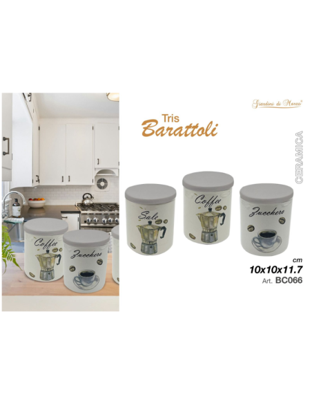 Tris barattoli Ceramica  Caffè, zucchero, sale art.BC066