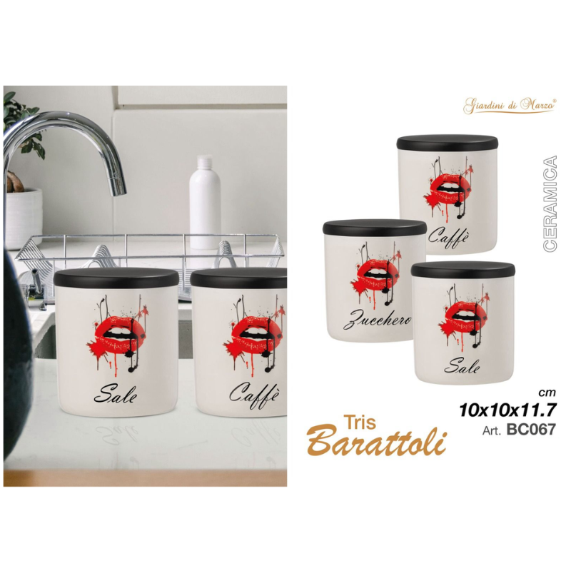 Tris Barattoli Ceramica Caffè, zucchero, sale...