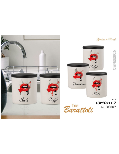 Tris Barattoli Ceramica Caffè, zucchero, sale art.BC067