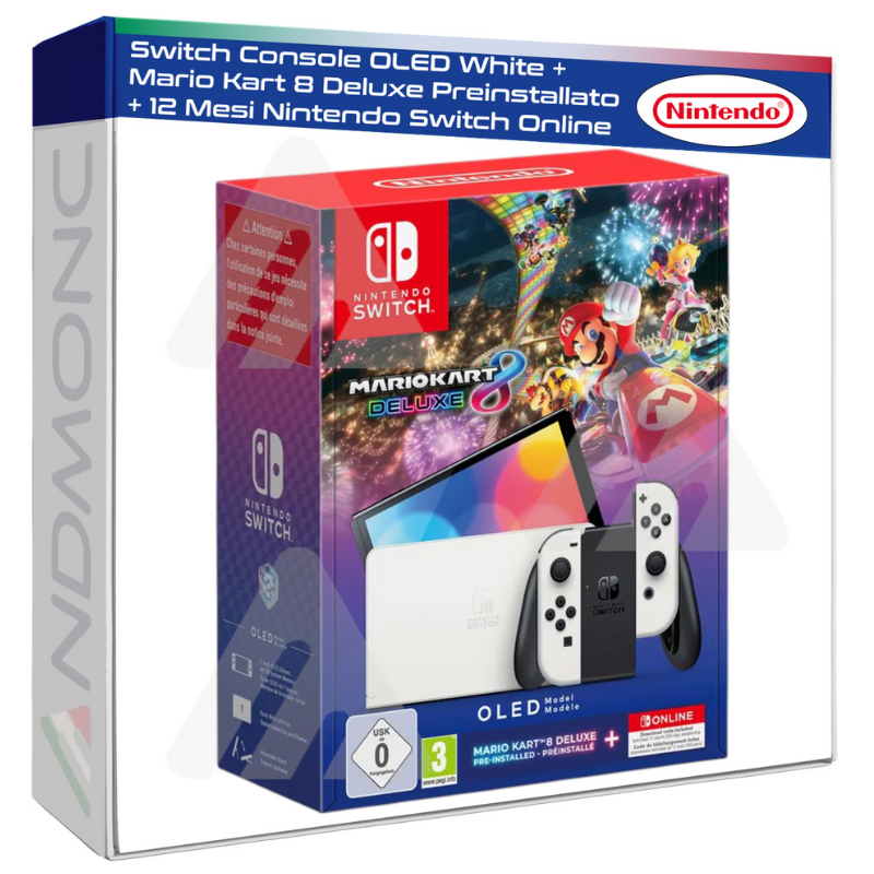 Switch Console OLED White + Mario Kart 8 Deluxe Preinstallato + 12 Mesi Nintendo Switch Online