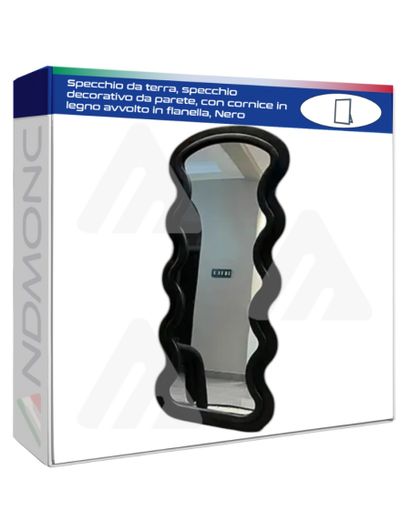 Specchio da terra, specchio decorativo da parete, con cornice in legno avvolto in flanella, Nero