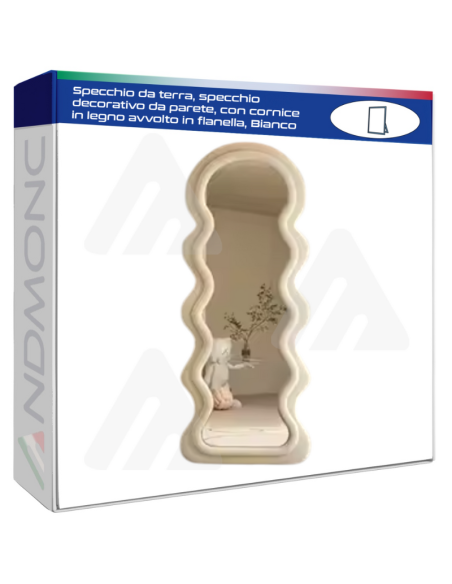 Specchio da terra, specchio decorativo da parete, con cornice in legno avvolto in flanella, Bianco