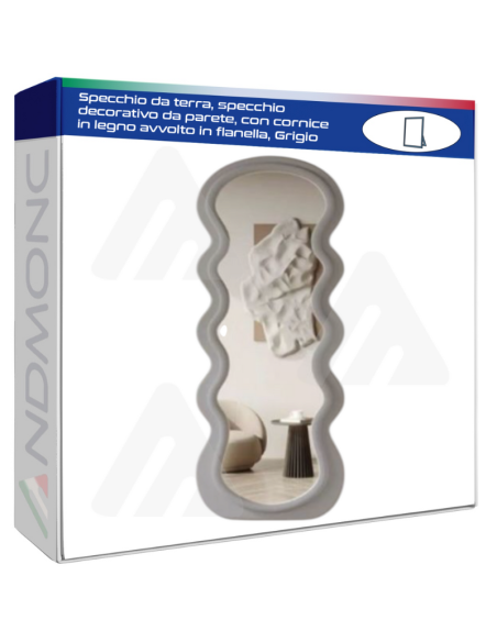 Specchio da terra, specchio decorativo da parete, con cornice in legno avvolto in flanella, Grigio