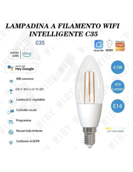 Lampadina a filamento Wi-Fi Intelligente C35, E14, 4,5W, Alexa Google
