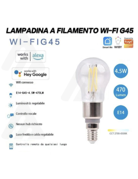 Lampadina a Filamento Wi-Fi G45, E14, 4.5W, Smart, Alexa Google, 470Lumen