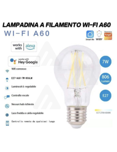 Lampadina a Filamento Wi-Fi A60, 7W, Smart Alexa Google E27 2