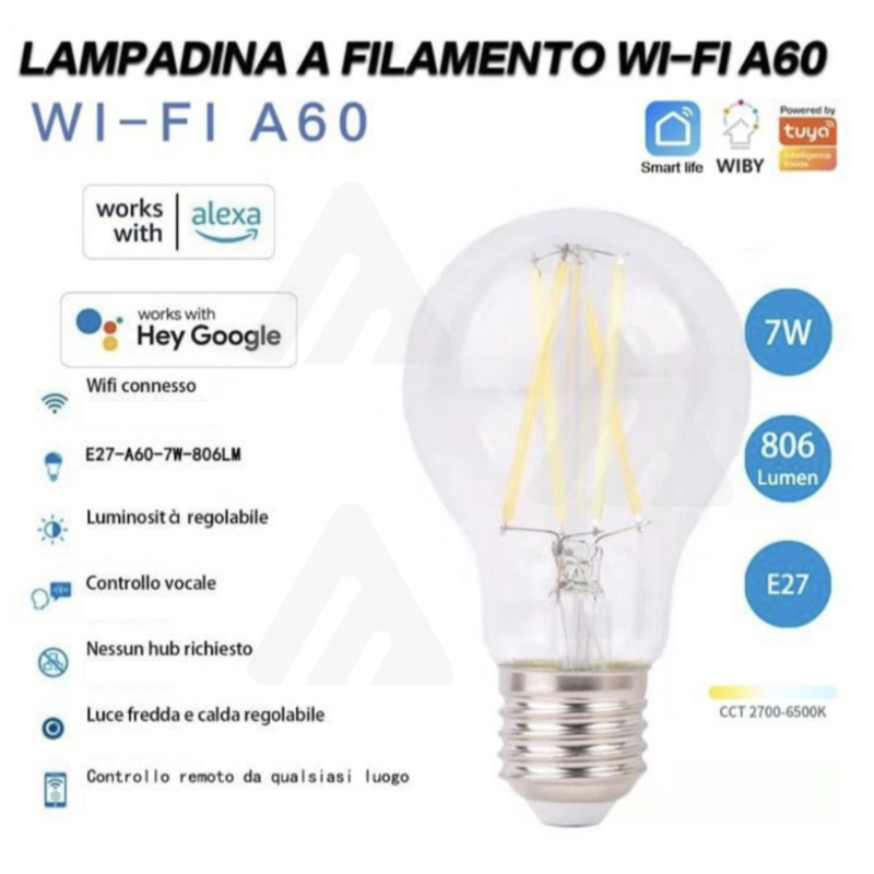 Lampadina a Filamento Wi-Fi A60, 7W, Smart...