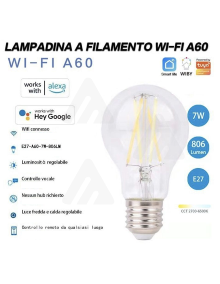 Lampadina a Filamento Wi-Fi A60, 7W, Smart Alexa Google E27
