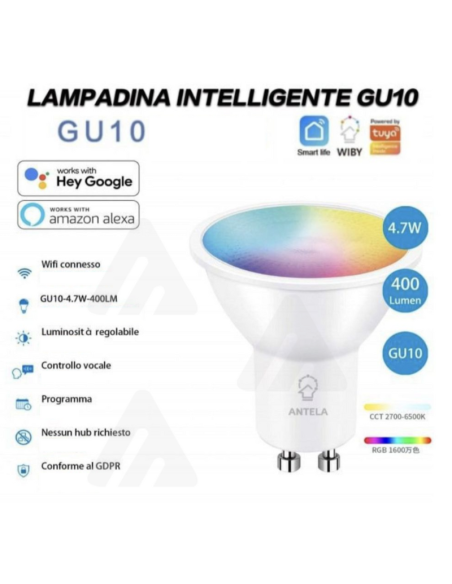 Lampadina Faretto Intelligente GU10, 4.7W, Smart Alexa Google, RGB