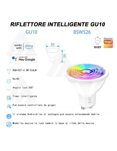 Lampadina Faretto intelligente GU10, 4,5W, RGB, GU10 Smart Alexa Google